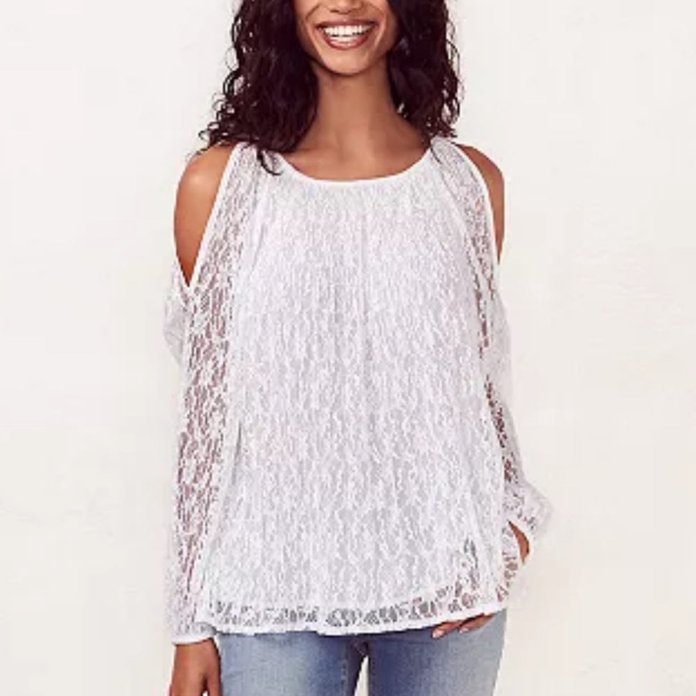 LC Lauren Conrad white lace cold shoulder long sleeve top Super Cute